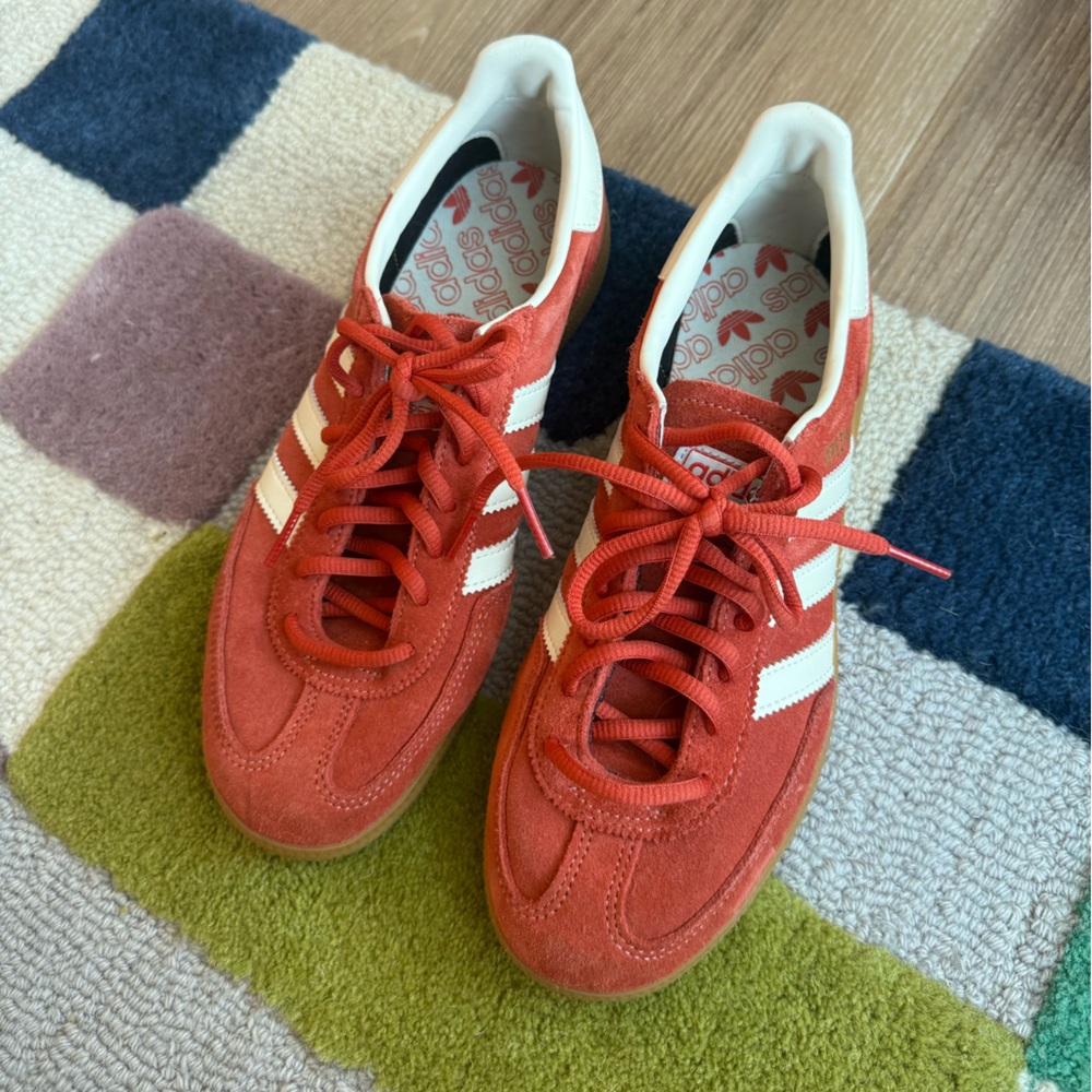 Adidas Coral and White Suede Sneakers